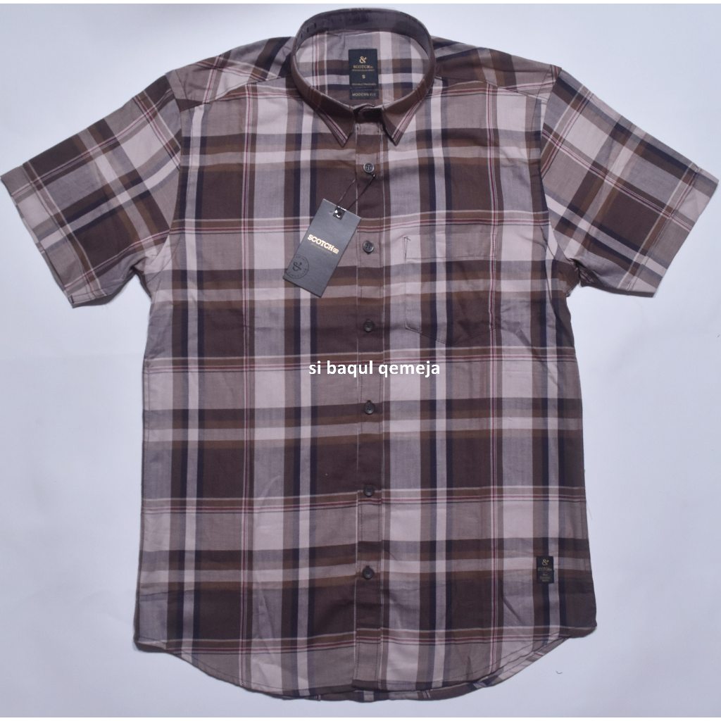 Kemeja Pria Coklat Khaki Garis Kotak Casual SCOTCH & CO Lengan Pendek Bahan Adem Murah Banget Modern