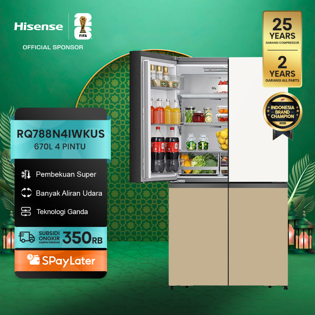 Hisense Kulkas RQ788N4IWKUS Refrigerator 4 Pintu Kapasitas 670L Warna Putih Glass Door Inverter Pro 