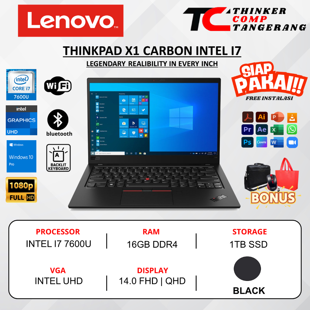 Lenovo ThinkPad X1 Carbon Gen 5 Intel Core i7 7600U 16GB 1TB QHD Slim Ringan
