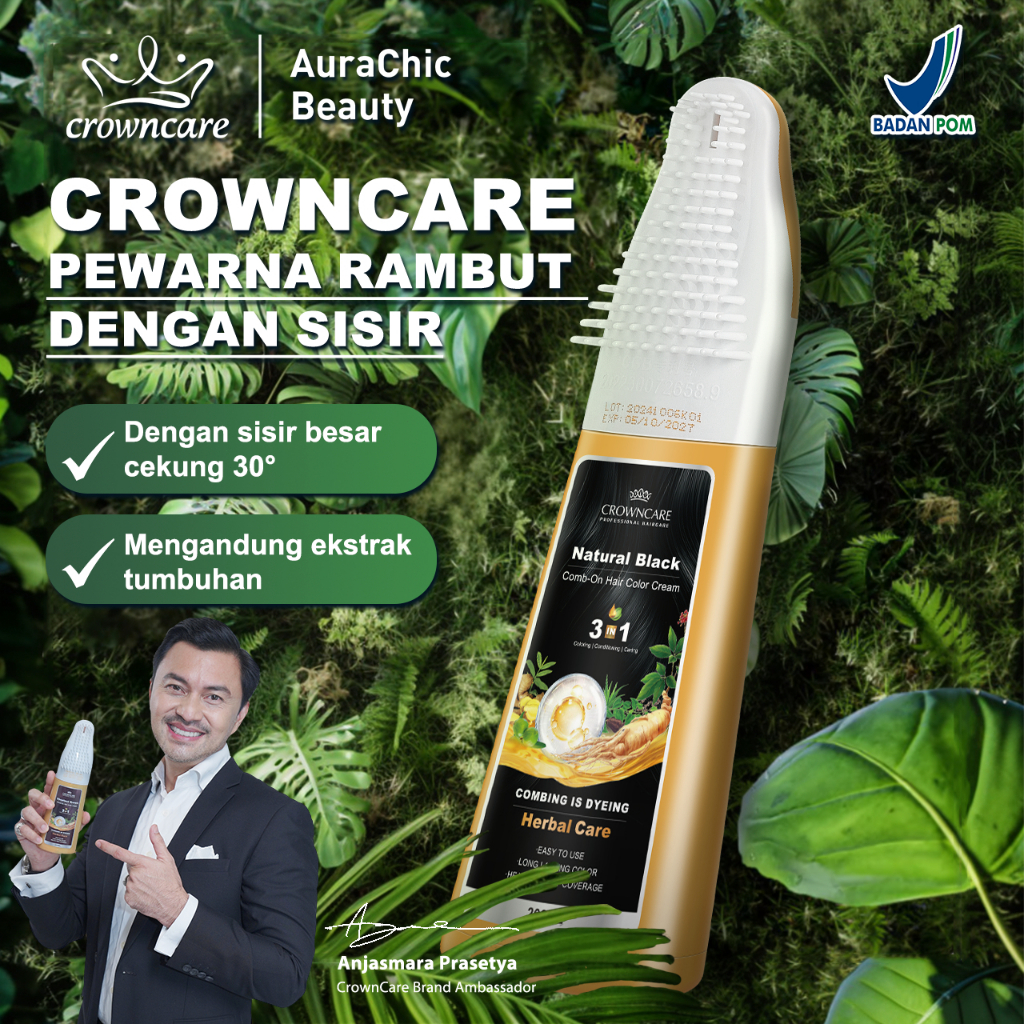 Crowncare Pewarna Rambut Dengan Sisir 200ml, Cepat Menutupi Uban, Membuat Rambut Hitam Alami, Formul