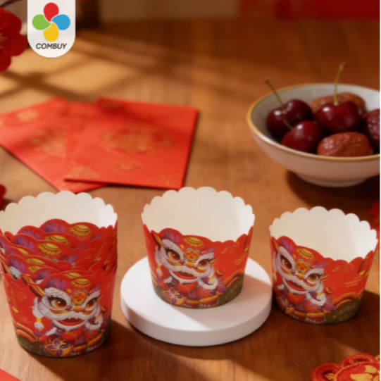 Perlengkapan Sajian Imlek Merah Emas Isi 12 Pcs – Cup Kertas & Piring Kertas Motif Imlek
