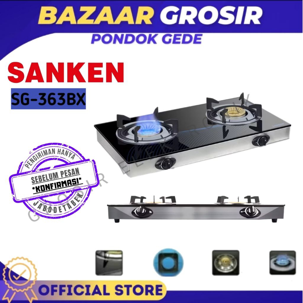 KOMPOR GAS KACA 2 TUNGKU SANKEN SG 363 BX / SG363BX / SG-363BX - TEMPERED GLASS