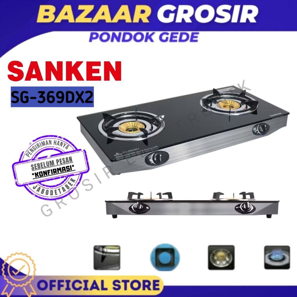 KOMPOR GAS KACA 2 TUNGKU SANKEN SG 369 DX2 / SG369DX2 / SG-369DX2 - TEMPERED GLASS