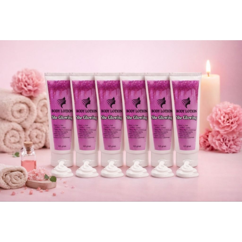 BODY LOTION SHE GLOWING | WHITENING BODY CREM DENGAN AROMA MEMIKAT DAN KANDUNGAN WHITENING | MEMBANT