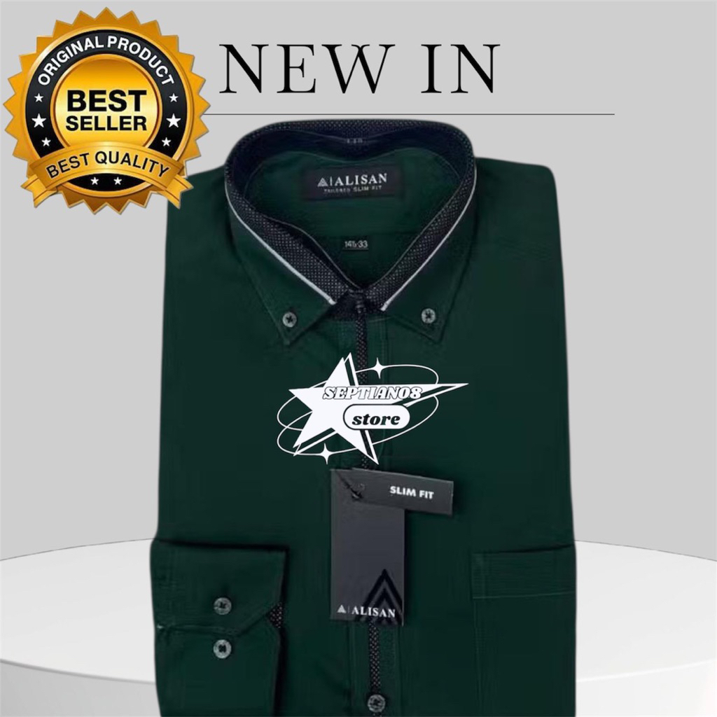 (ALISAN) original kemeja lengan panjang model slim fit premium kombinasi list (hijau botol -1)