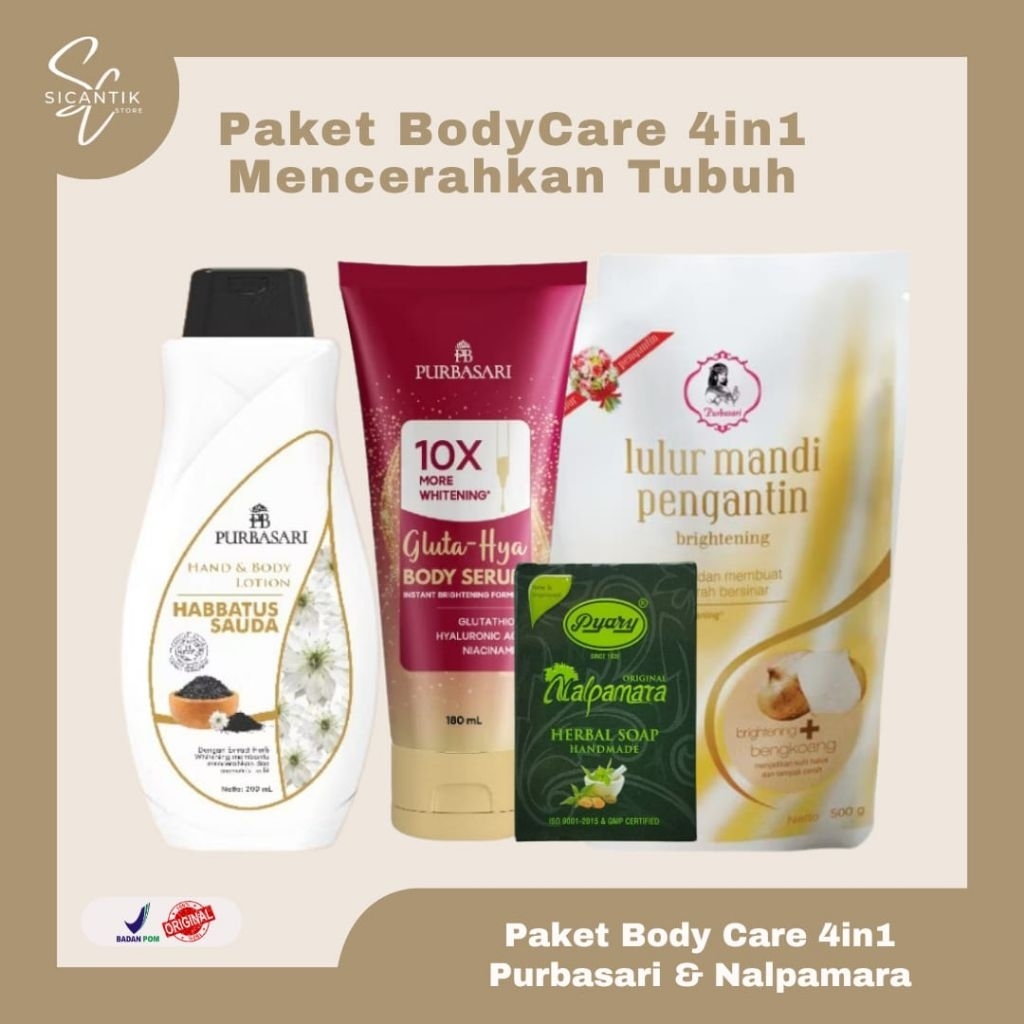 [ Paket 4in1] Purbasari Lulur Mandi Pengantin 500 gr + Body Serum Gluta-Hya Purbasari + Hand Body Lo