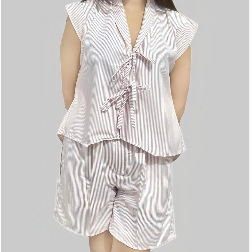 One Sett Stripe Vest Rompi Kemeja Celana Pendek Katun Motif Stripe Wanita S-XXL Set Wanita Kekinian