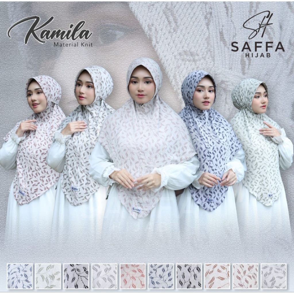 JILBAB INSTAN KAMILA MOTIF DAUN BERPED TALI IKAT ORIGINAL SAFFA HIJAB MATT KNIT GOOD QUALITY