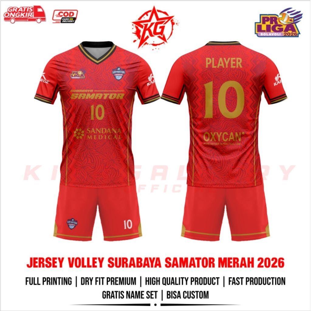 JERSEY BAJU VOLI PROLIGA SURABAYA SAMATOR MERAH 2026 FULL PRINTING GRATIS NAMA DAN NOMOR