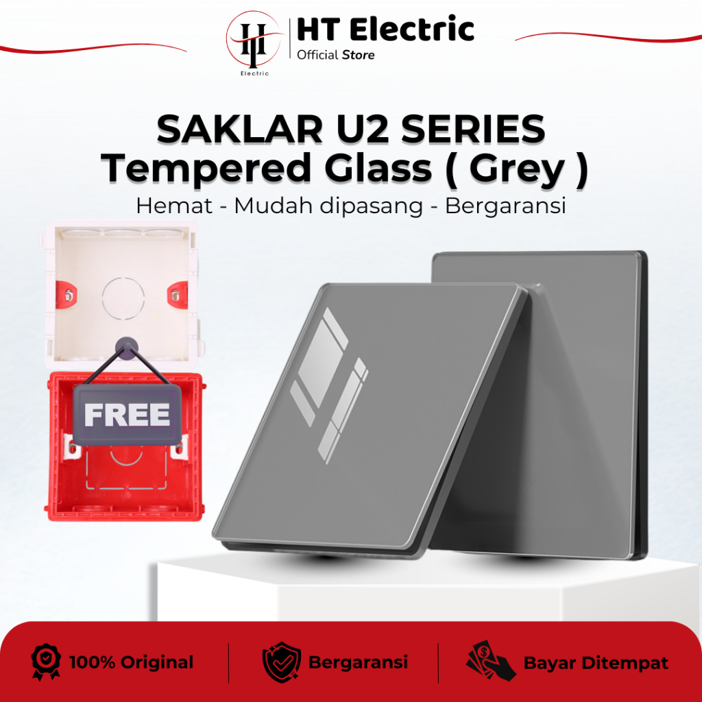Saklar Lampu Minimalis Kaca Grey HT Electric/Saklar Tanam Modern Dinding Tempered Glass Rumah Premiu