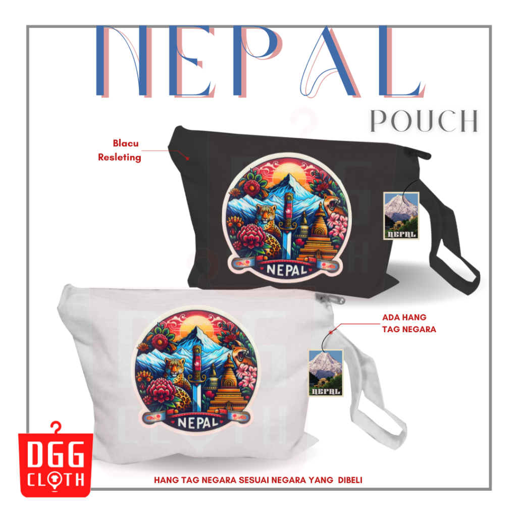 DGGCloth Pouch Souvenir Nepal Sablon Oleh Oleh Nepal Bahan Blacu Premium Dengan Resleting Type 6
