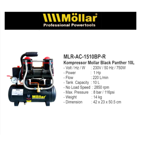 MOLLAR Mesin Kompresor Silent Air 1HP 10 Liter 750 Watt MLR-AC1510BP-R/ Mollar Silent Air Compressor