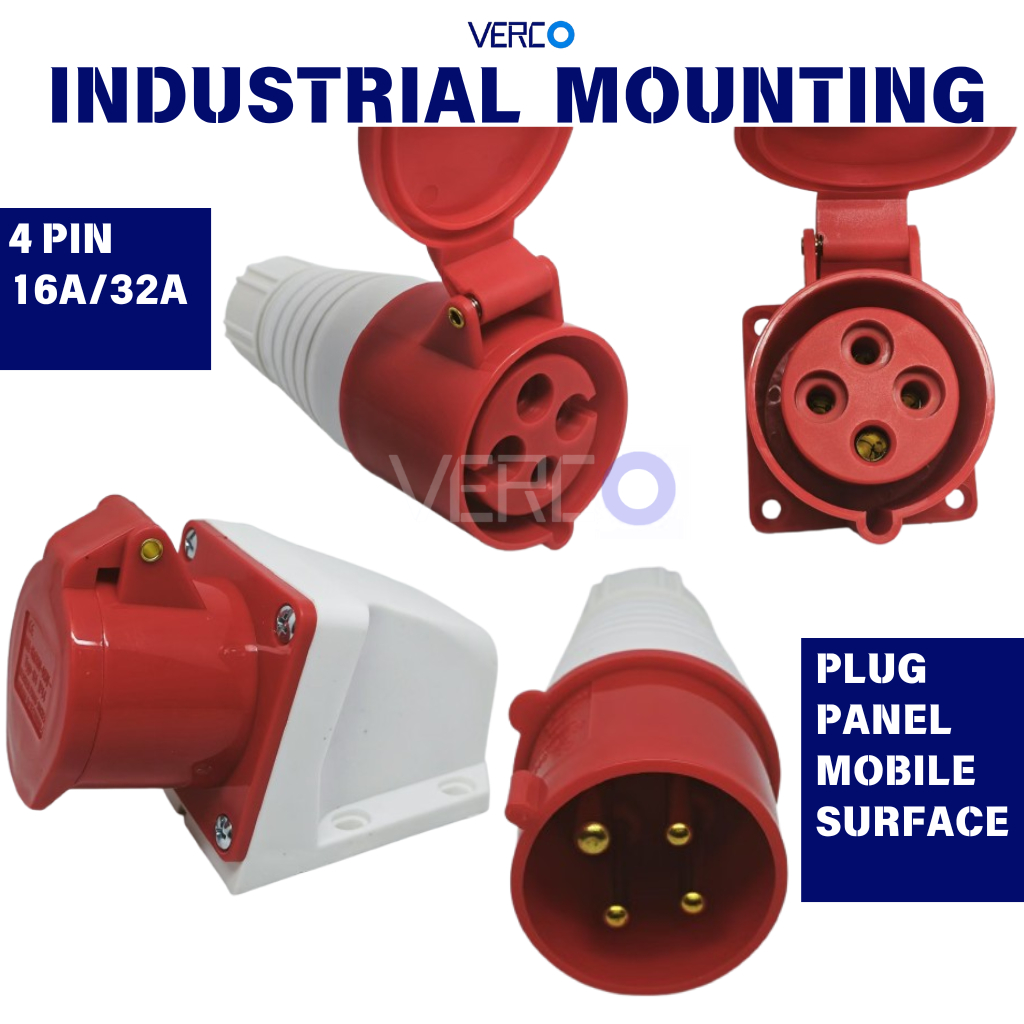 4 PIN Industrial Plug / Panel / Mobile / Surface Mounting 16A/32A Stopkontak Genset 4 Lubang