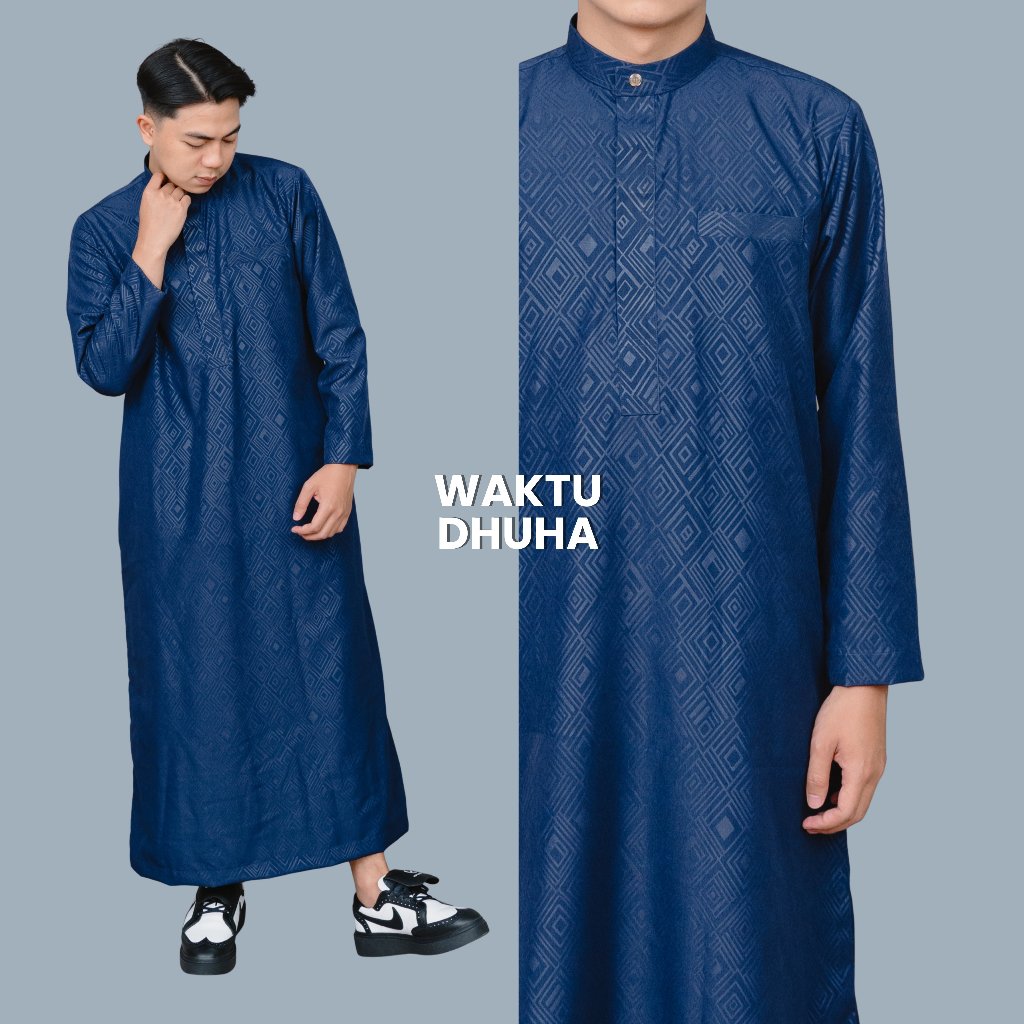 WAKTU DHUHA - Jubah Hussain Gamis Slimfit Pria Lengan Panjang Motif Embos Terbaru