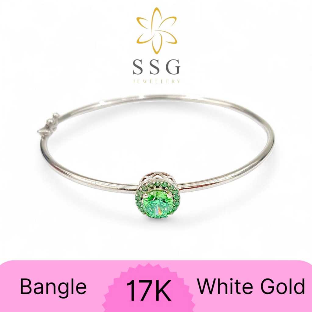 Gelang Bangle Permata Hijau Minimalis White Gold / Emas Putih 17K - SSG JEWELLERY