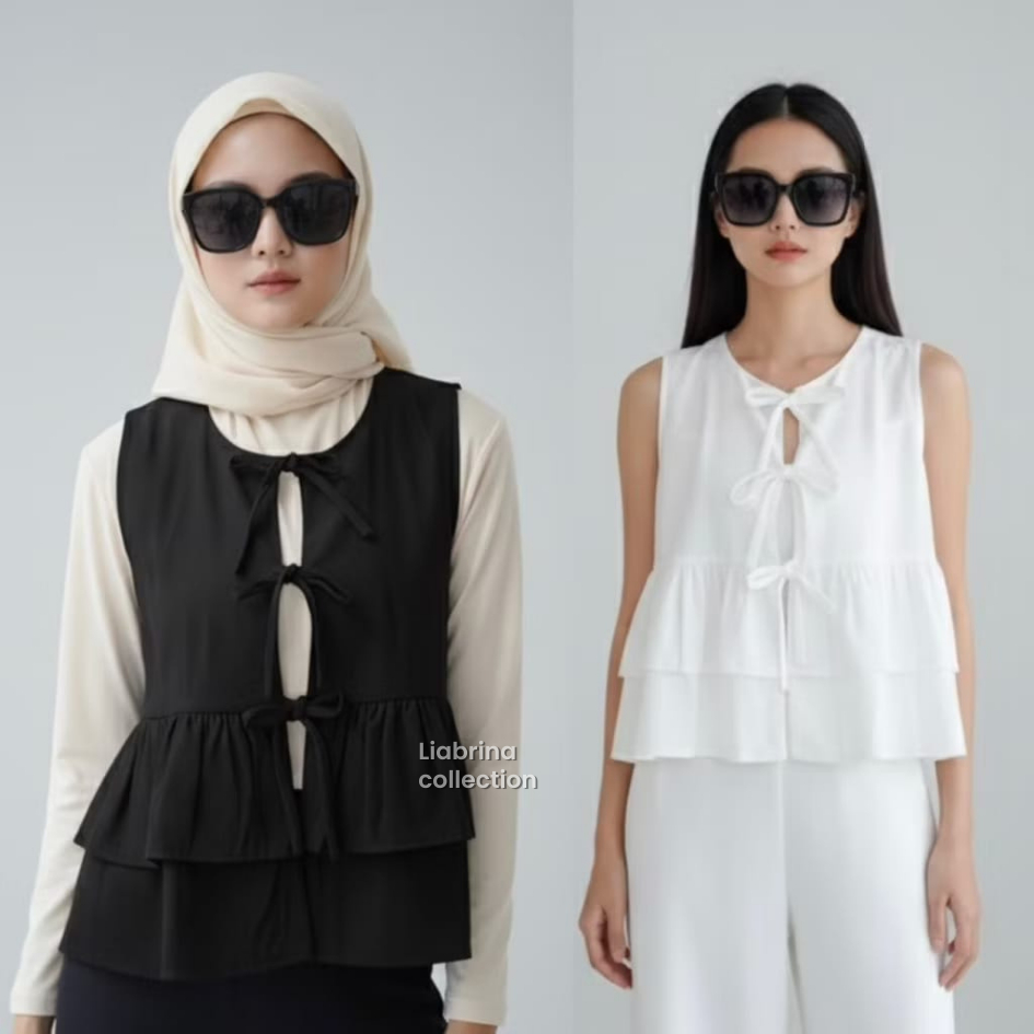 Cindi | Blouse Katun Poplin Rompi Outer Vest Tali Pita Depan Ruffle Peplum Premium