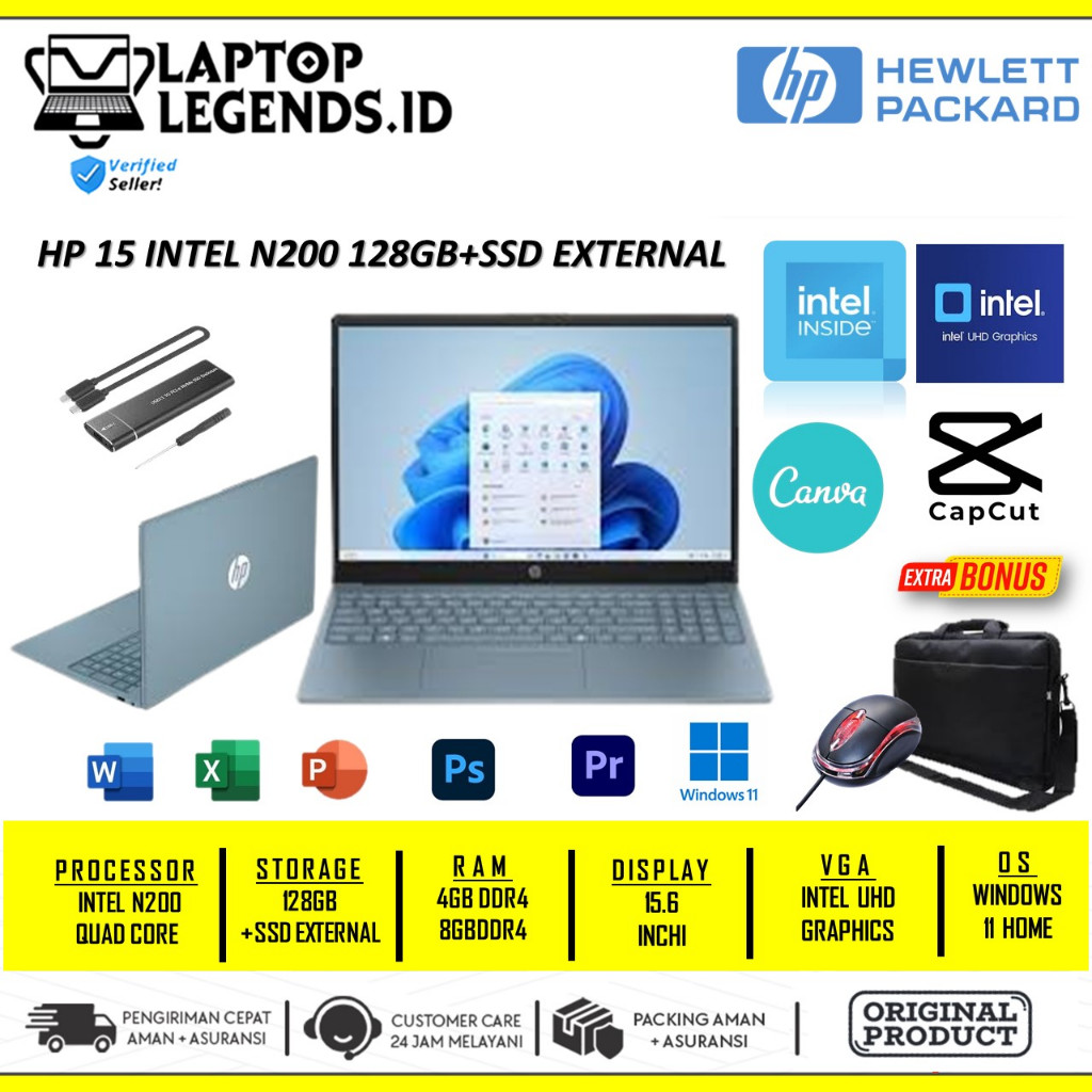 Laptop HP 15 Intel N200 Ram 8GB 128GB SSD 15.6 Inch HD NumberPad Windows11 Ori