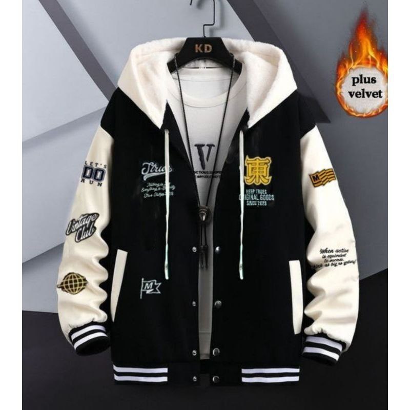 Sucurue Jaket Hoodie Baseball Bomber Dewasa Pria Wanita Kain Fleece Tebal