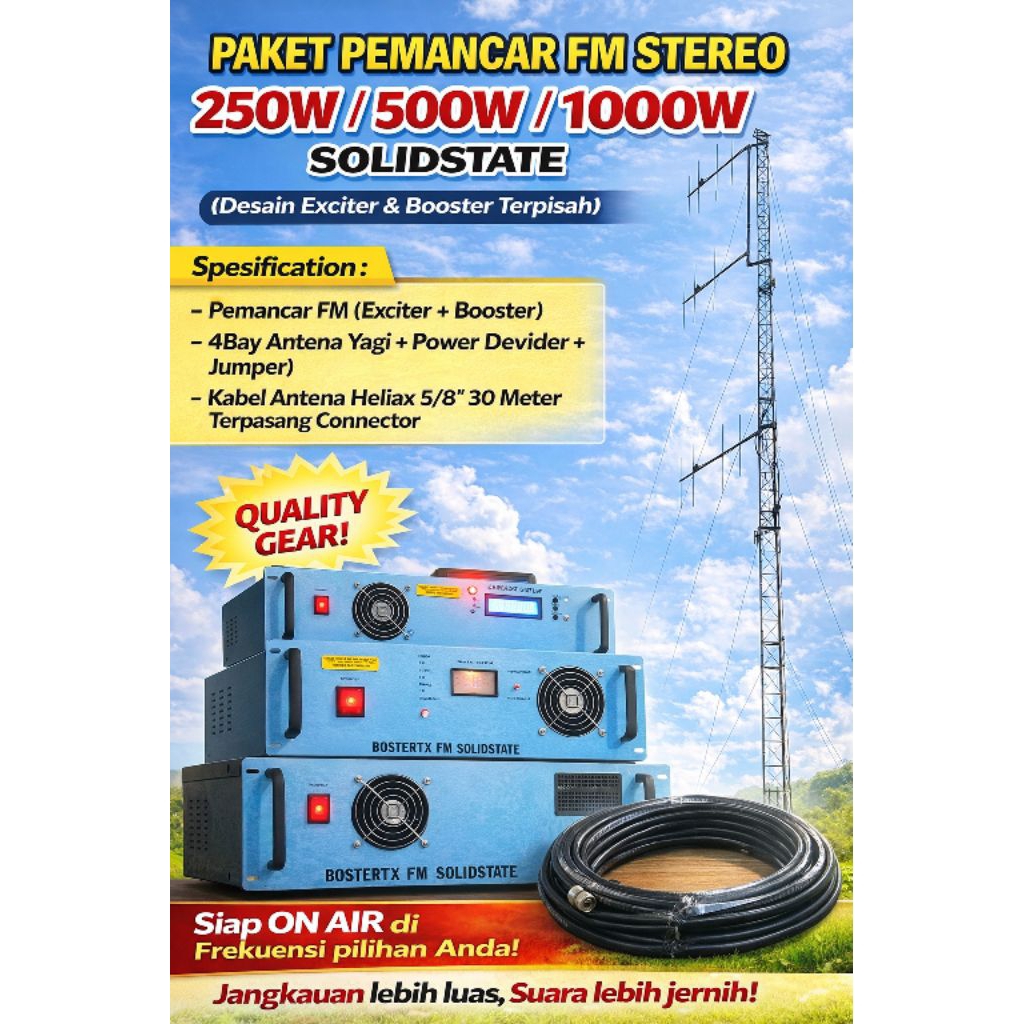 PAKET PEMANCAR FM STEREO PLL LCD 250 WATT DESAIN EXCITER DAN BOOSTER TERPISAH JUGA ANTENA YAGI 4 BAY