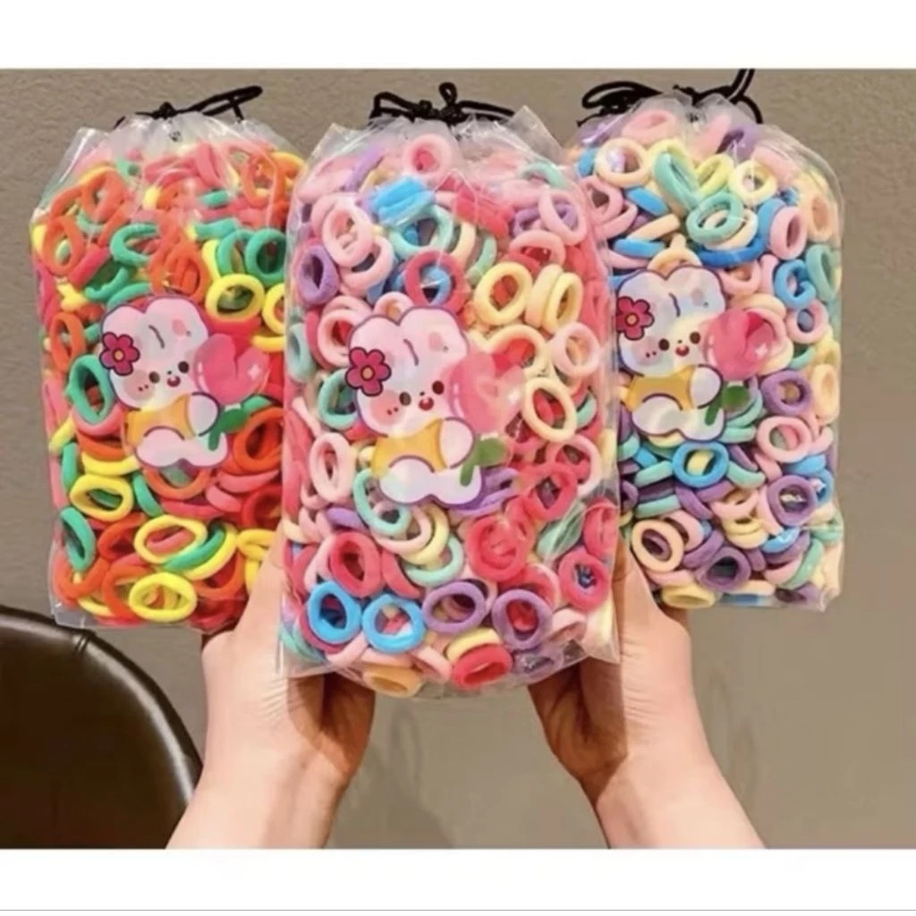 kat Rambut Isi 200 Pcs Kunciran Rambut Anak Tali Rambut Elastis Model Donat Mini Warna Warni