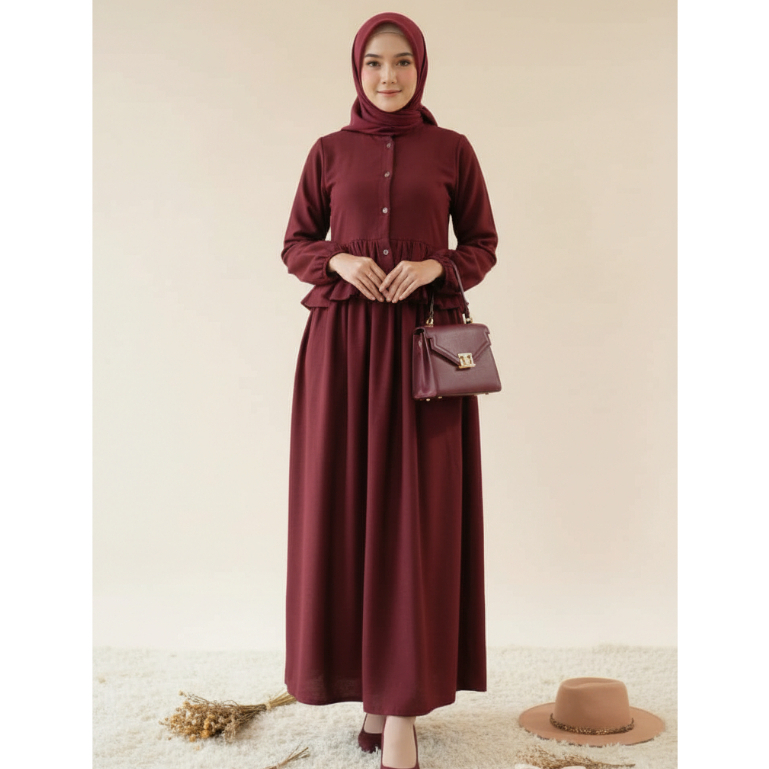 Gamis Mahira Lengan Balon Model Rempel Kekinian Midi Dres Lebaran