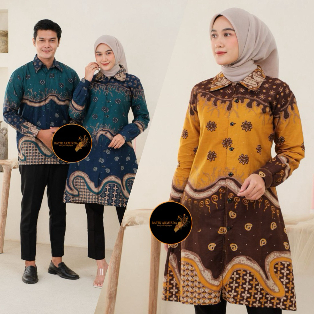 Atasan Wanita Batik Tunik Couple Batik Seragam Batik Modern Bahan Kain Katun - Motif Daun Lompong