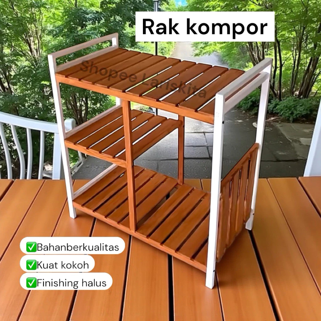 Rak Kompor Susun Kayu | Rak Dapur Serbaguna Minimalis  Rak Kompor Susun 3 Tingkat | Rak Dapur Kayu M