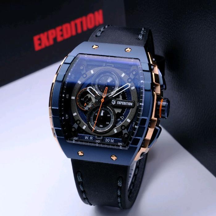 Jam Tangan Pria Expedition Exp Chronograph E 6782 Blue Dial Black Leather Strap Original