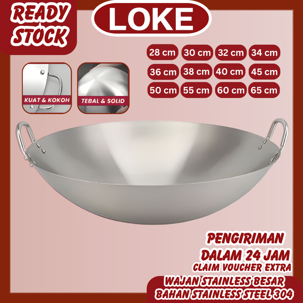 LOKE Wajan Stainless Steel Tebal Anti Lengket SUS Premium Kuali Wok Besar Anti Karat Dan Awel