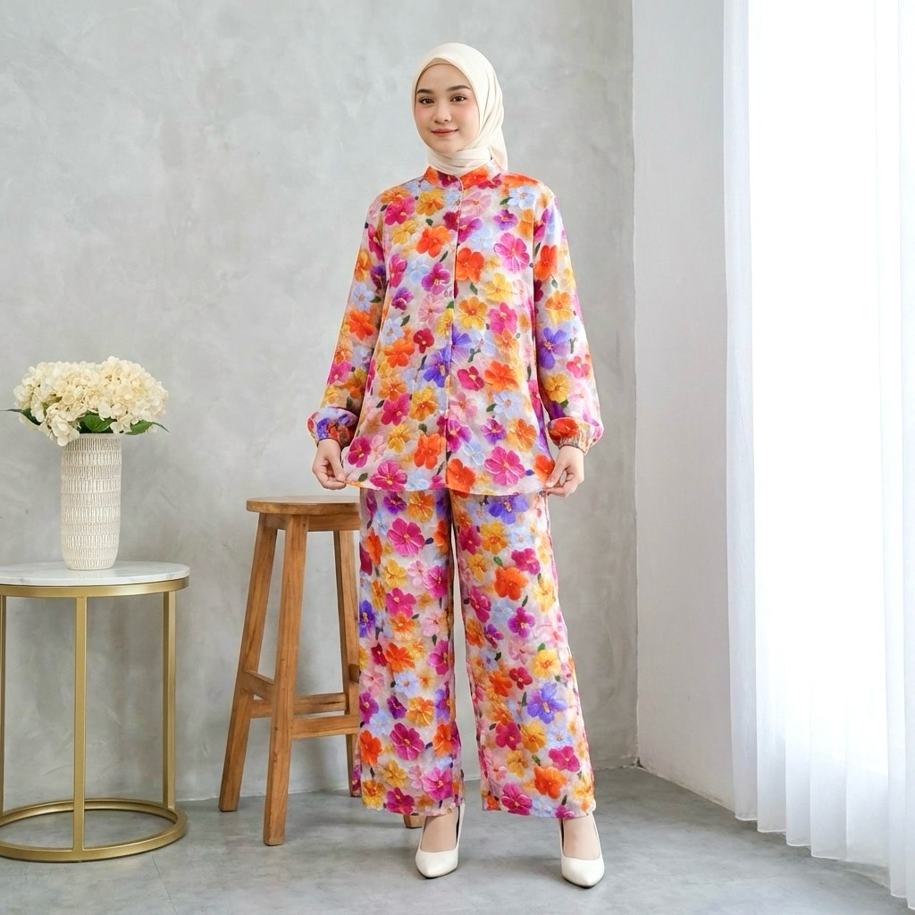 Mika One Set Rayon Jumbo Busui Celana Kulot Lebar Motif Bunga Santai dan Elegant dengan Desain Elega