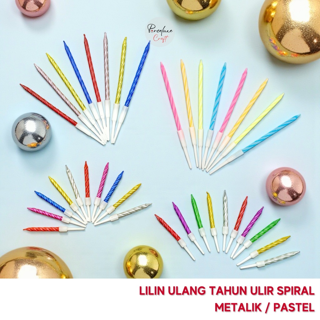 Lilin Ulang Tahun Spiral Ulir Metalik Pastel Panjang Pendek Warna Warni Mix Candle Cake Tart Topper 