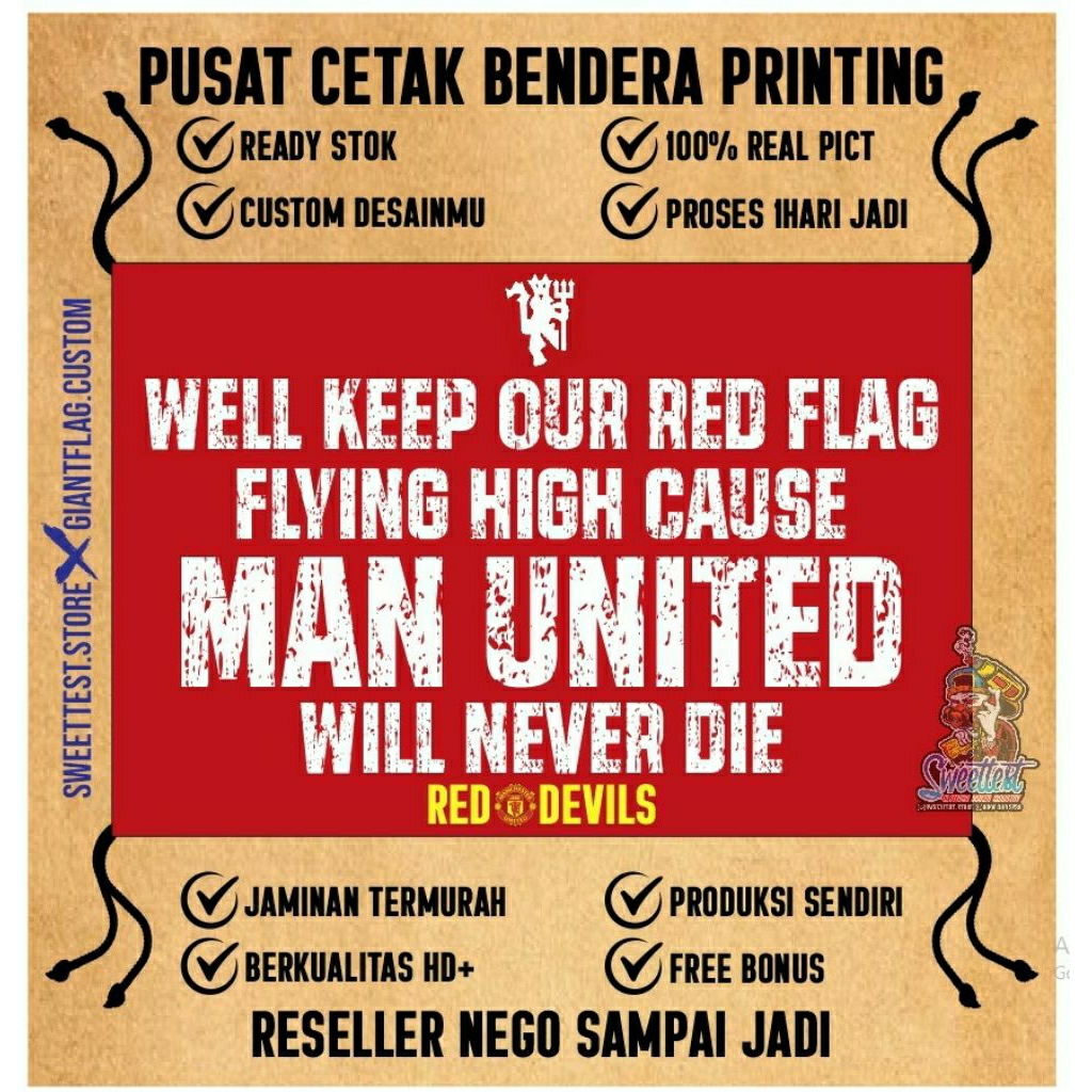 BENDERA 200x300cm, FREE FLAG, STICKER, KUPON BERHADIAH, HARGA PABRIK, BENDERA PRINTING MANCHESTER UN