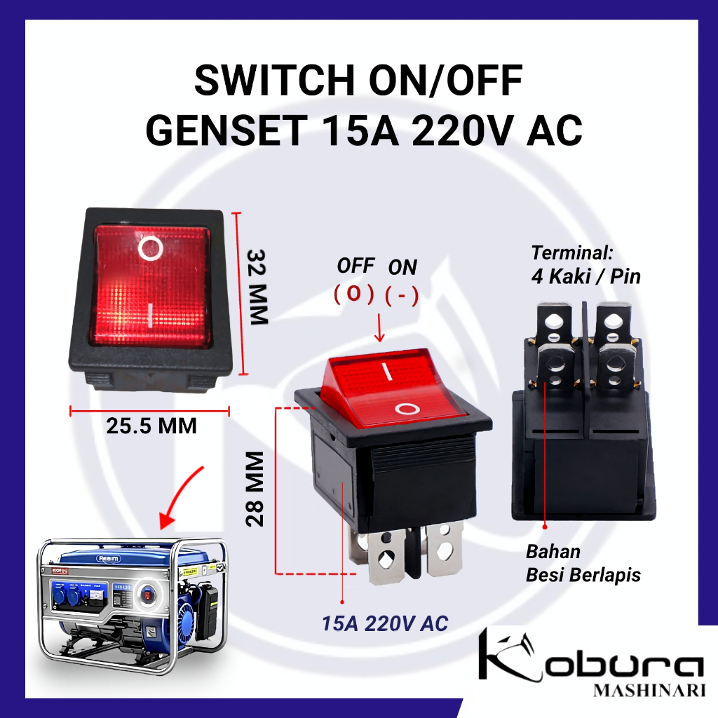 Switch On/Off Genset 15A 220VAC Terminal 4 Kaki Saklar On Off Mesin Genset