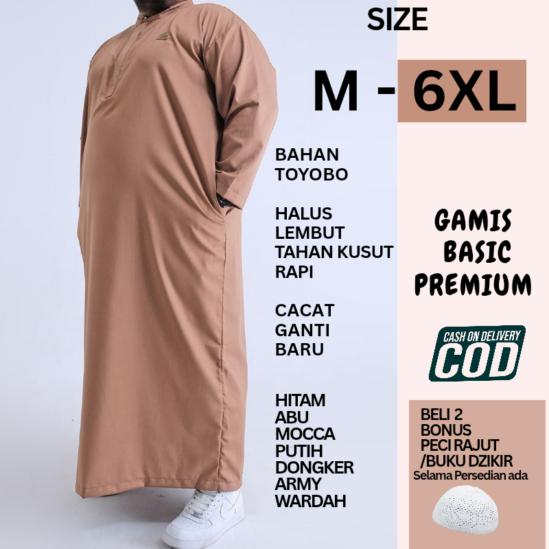 Gamis Jubah Pria Basic Toyobo Lengan Panjang M - 6XL Resleting Dada Ukuran Regular Hingga Big Size /