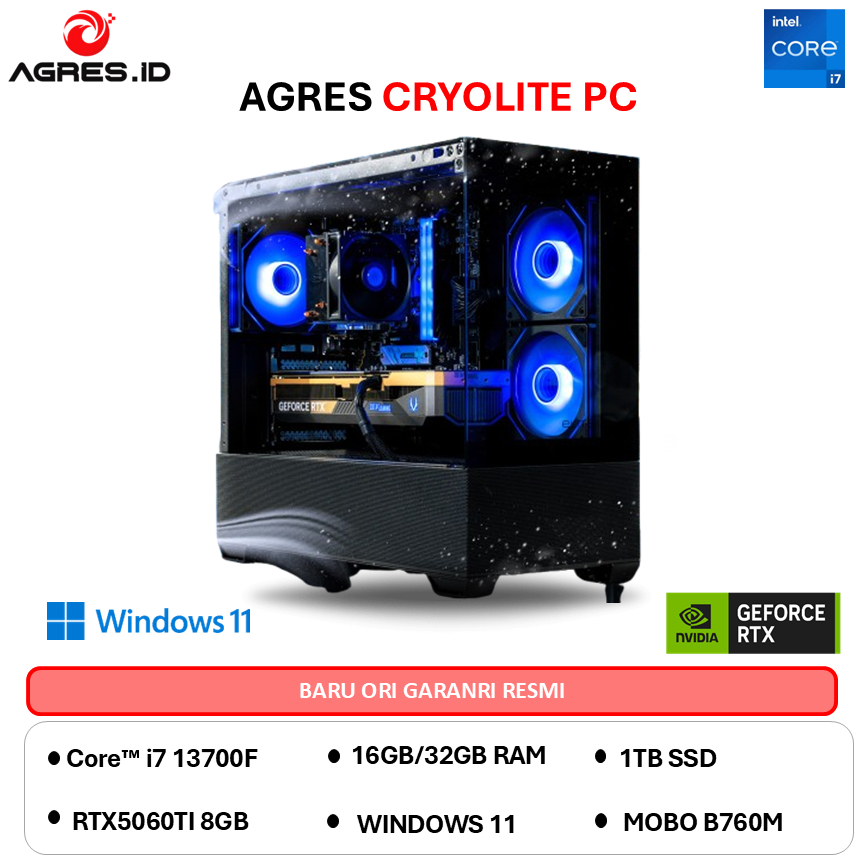 AGRES CRYOLITE PC I7 13700F RTX 5060 TI 8G - RAM 16GB 512GB WIFI + BT RAKITAN PC GAMING