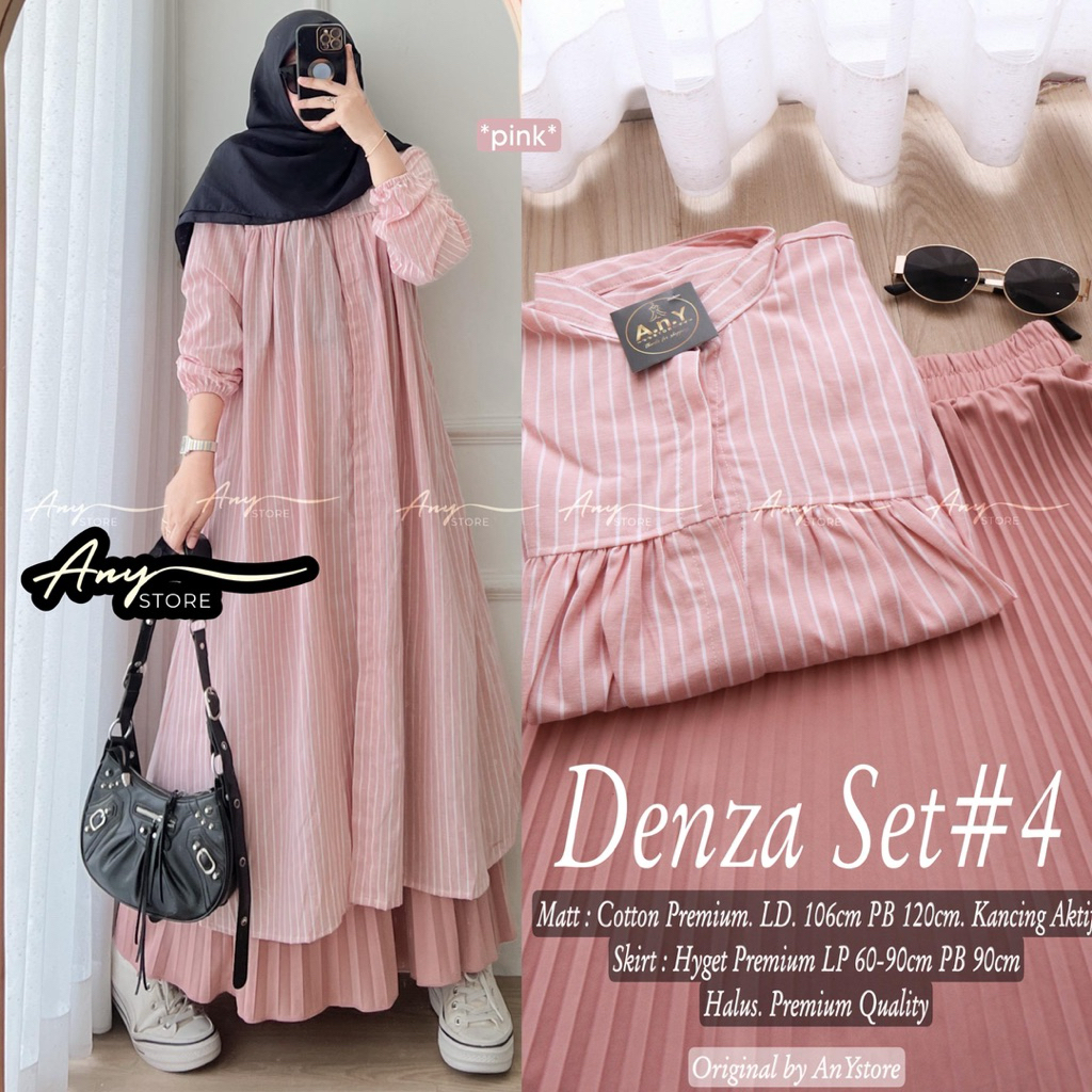 denza megan delta flavy balqis kazea set tunik katun stripe rok plisket by any