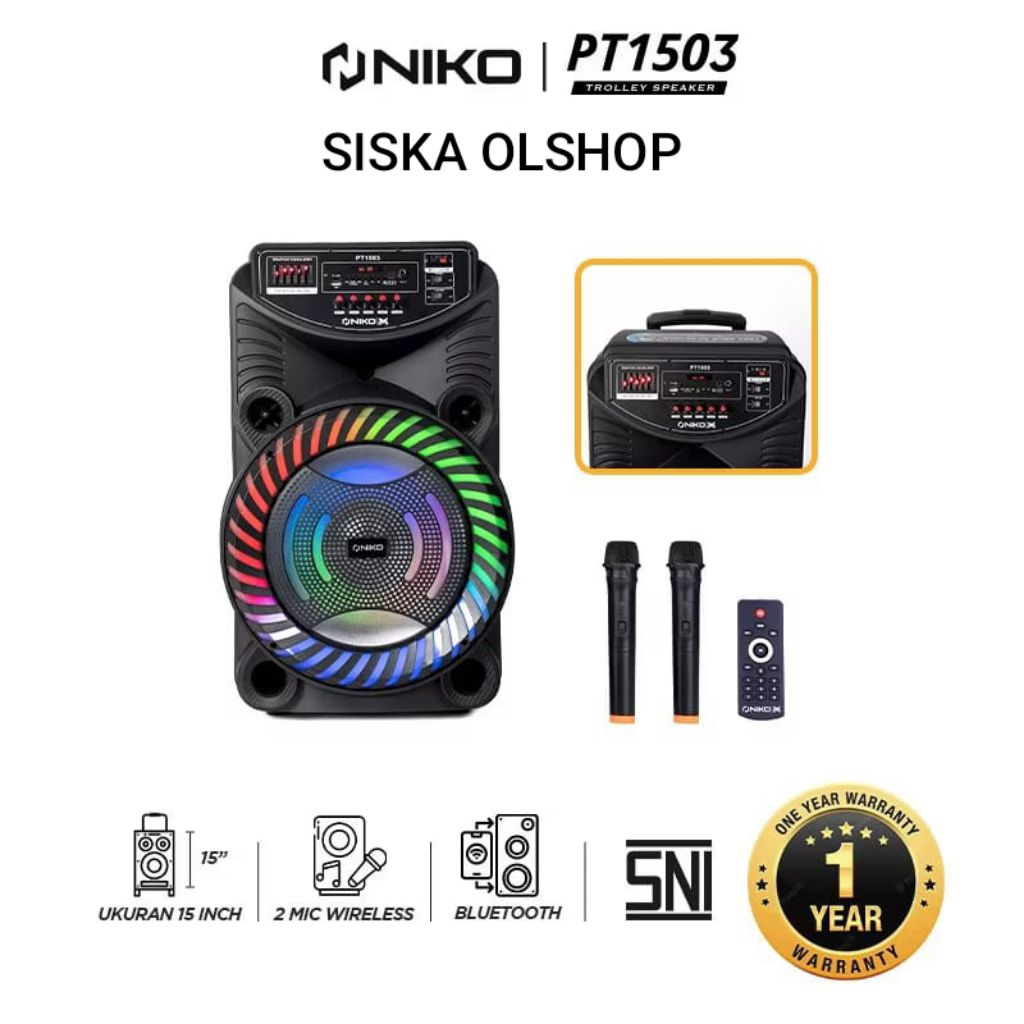 SPEAKER NIKO PT 1503 SPEAKER BLUETOOTH PORTABLE 15 INCHI DENGAN 2 MIC WIRELESS GRATIS