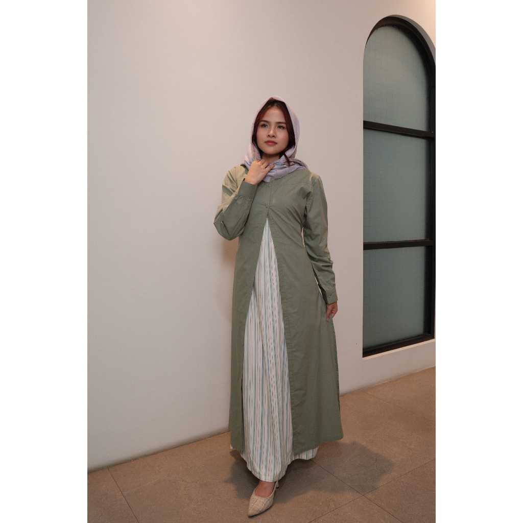 MISSTY Gamis Wanita One Set Cotton Warna Hijau Putih Motif Garis Lengan Panjang NEW EDITION BEST SEL