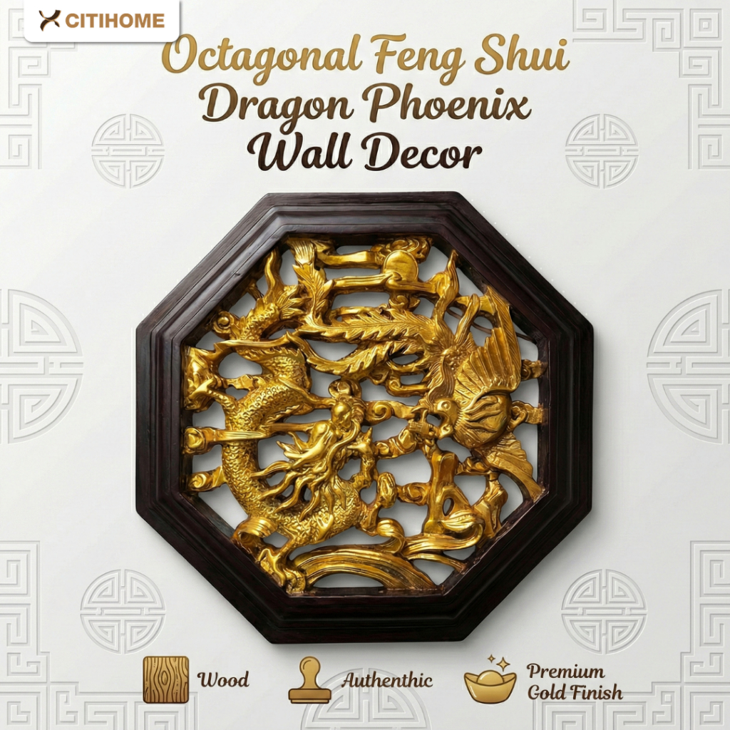 Hiasan Dinding Feng Shui Naga Phoenix Qilin Emas Wall Decor Oriental Pembawa Hoki 40cm