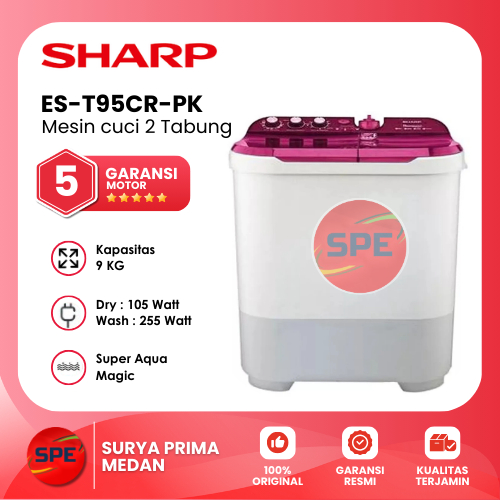 MESIN CUCI 2 TABUNG SHARP KAPASITAS 9 KG ES-T95CR-PK/BK/VK GARANSI RESMI (MEDAN)