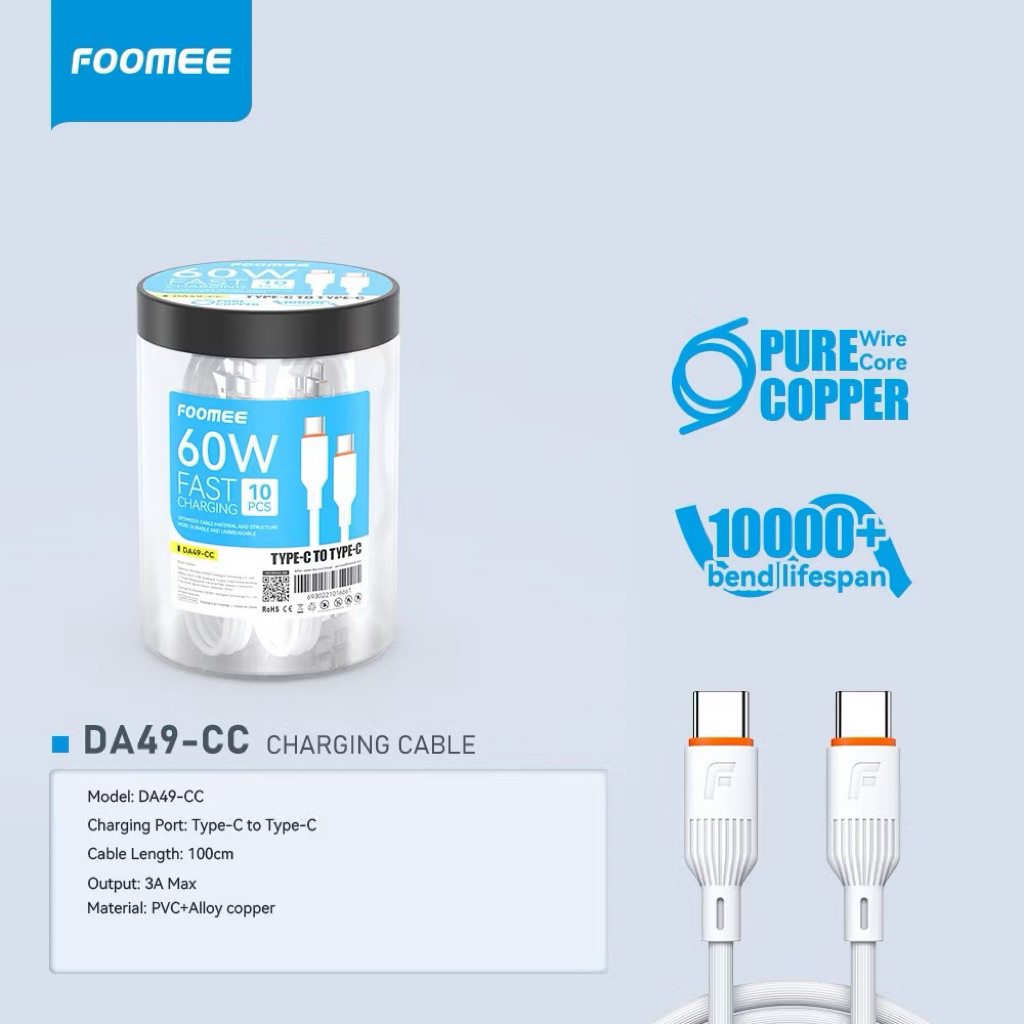 Foomee DA49-CC Cable Data PD60W Type-C to Type-C Fast Charging, 1 Toples 10pcs