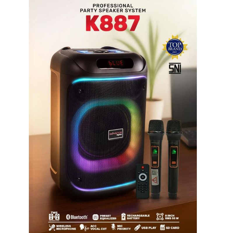 Advance K887 Bluetooth Speaker 8 inch Free 2 Mic Wireless