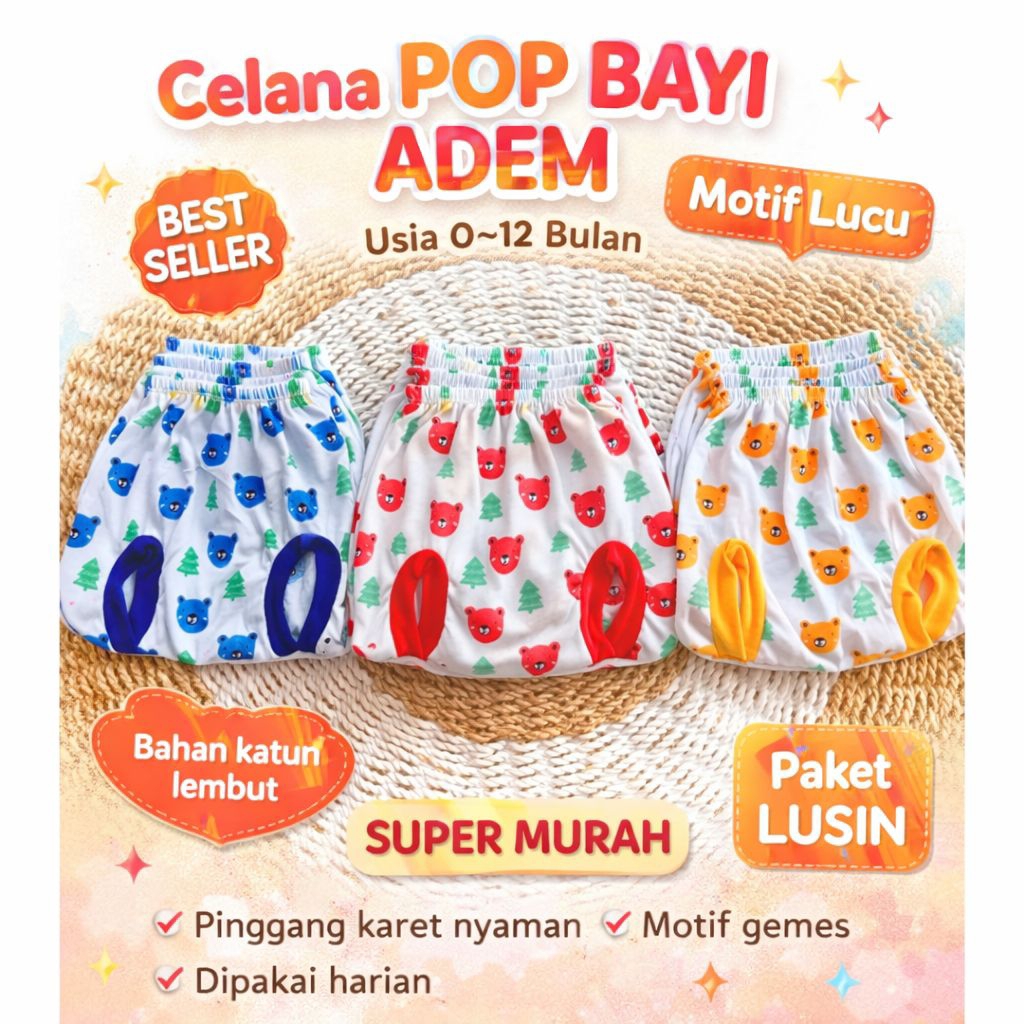 1 lusin Celana Pop Bayi Katun Lembut usia 3-12bulan celana pendek bayi