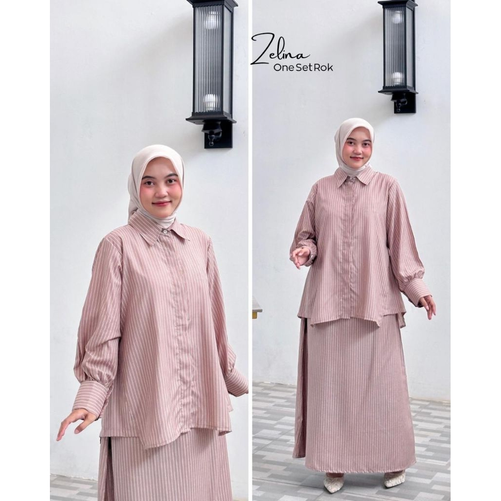 Setrok salur/ setelan rok Muslimah motif garis garis salur setrip/ setrok kemeja katun kerah busui j