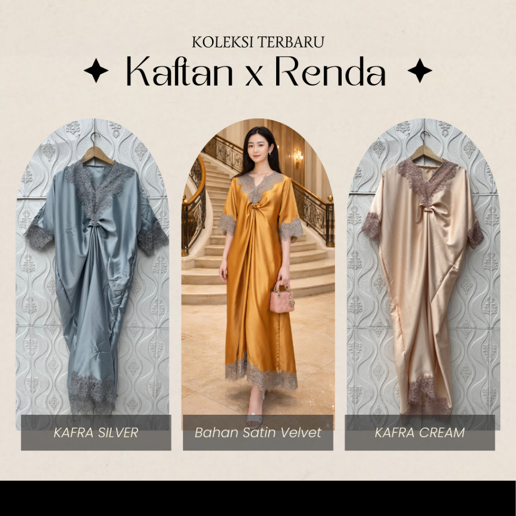 Gamis Jumbo Kaftan Satin Variasi Renda Fashion Muslim Wanita Kaftan Bahan Satin Adem Halus Premium