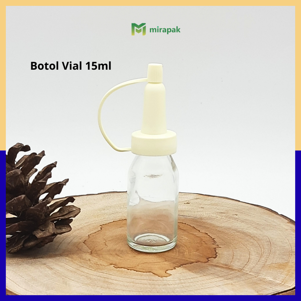 BOTOL VIAL 15ML KACA BENING TEBAL - TUTUP KECAP KERUCUT PUTIH - BOTOL OBAT CAIRAN LAB VITAMIN - SERU