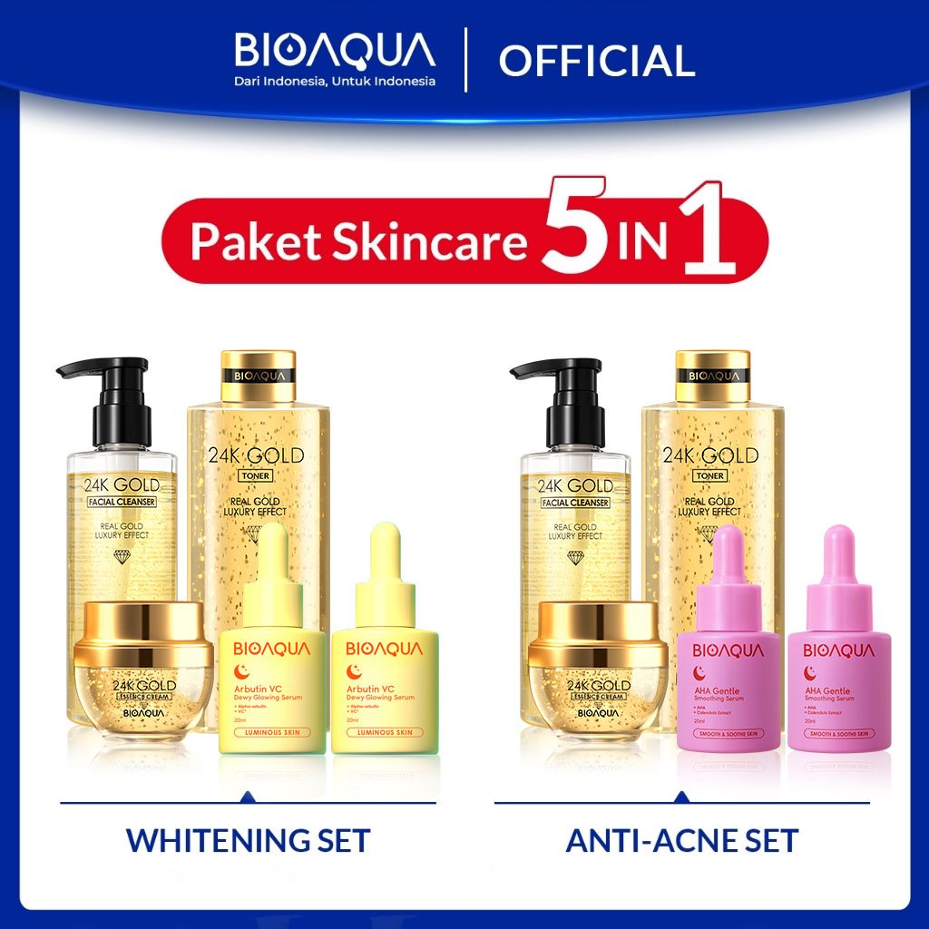 BIOAQUA 24K Gold Skincare Paket Anti aging Set 5 IN 1 With Brightening Serum Wajah / Acne Essence / 