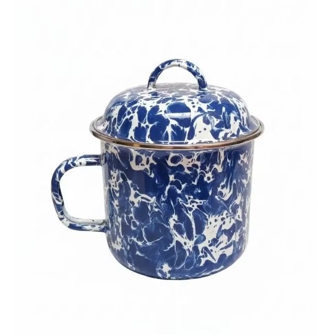 Cangkir+Tutup 12cm, 14 cm Enamel Tebal - Mug Cangkir Jadul Motif Blirik Kembang Ayam Jago