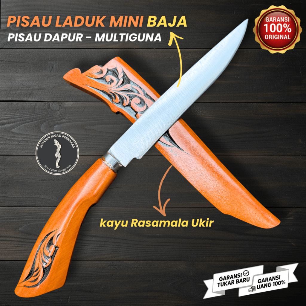 PISAU UKIR OREN BATIK | PISAU BAJA ASLI Sepuh Serbaguna Dapur Kayu Rasamala Ukir Mini Menarik Tajam