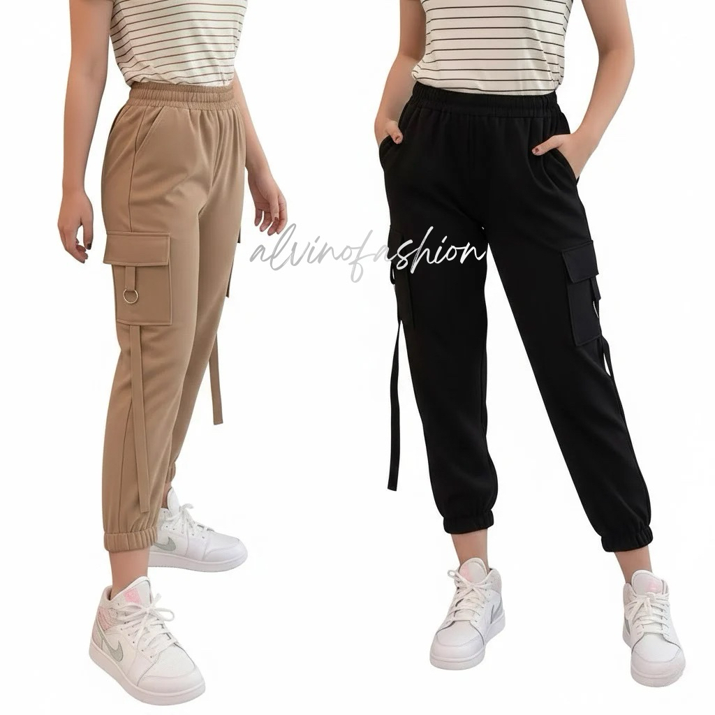 Cargo Pants Wanita Celana Cargo Scuba Korean Style Kekinian Hitam Putih
